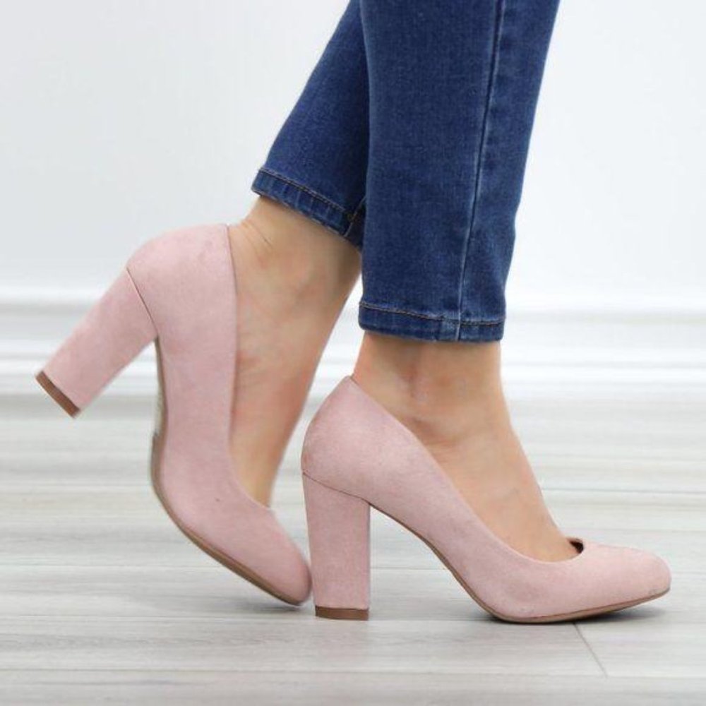 Rose Faux Suede Slip On Block High Heel Pumps - Picture 9 of 10